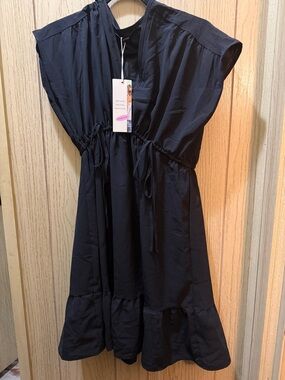 Dokotoo Black Drawstring Ruffle-Hem Dress